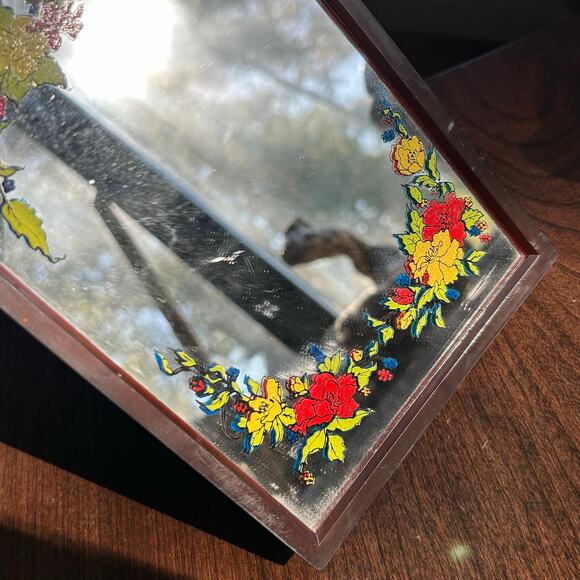 Vintage Yaps Mirror Music Box Love Story MCM Floral No Butterfly Brown Frame - Picture 3 of 9